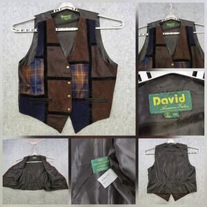 David‎ Vest Mens 2XL Patchwork Genuine Leather Plaid Snap Front Brown Blue Lined